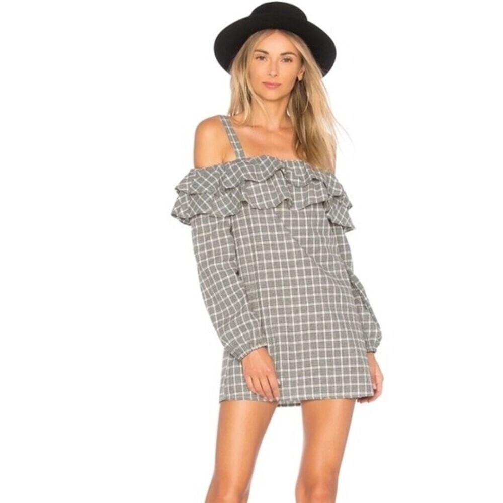 Tularosa x Revolve “Teagan” Black‎ Checker Plaid Ruffle Off Shoulder sz M Dress
